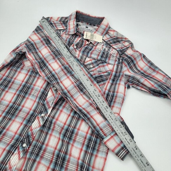 The Buckle Pearl Snap Shirt Mens Medium Red Blue‎ Plaid Icon Western Embroidered - Picture 7 of 11